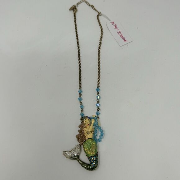 Betsey Johnson Into The Blue Sea Jeweled Crystal Blonde Mermaid Necklace RARE - Picture 2 of 5